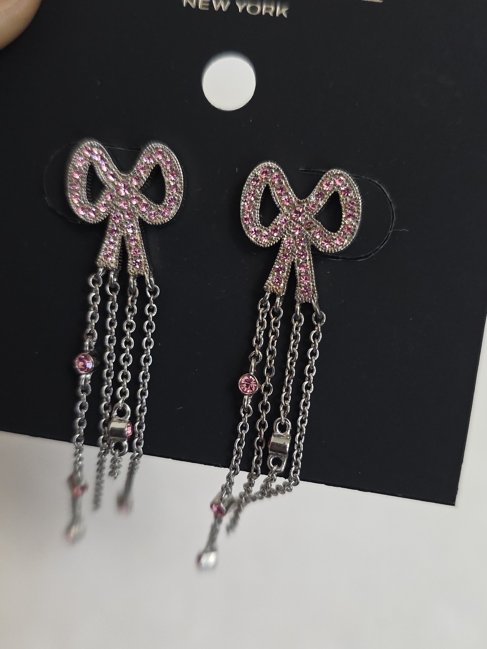 NWT COACH Pink Crystals Pave Silver Stainless Steel Bow Fringe Stud Earrings - Picture 3 of 4